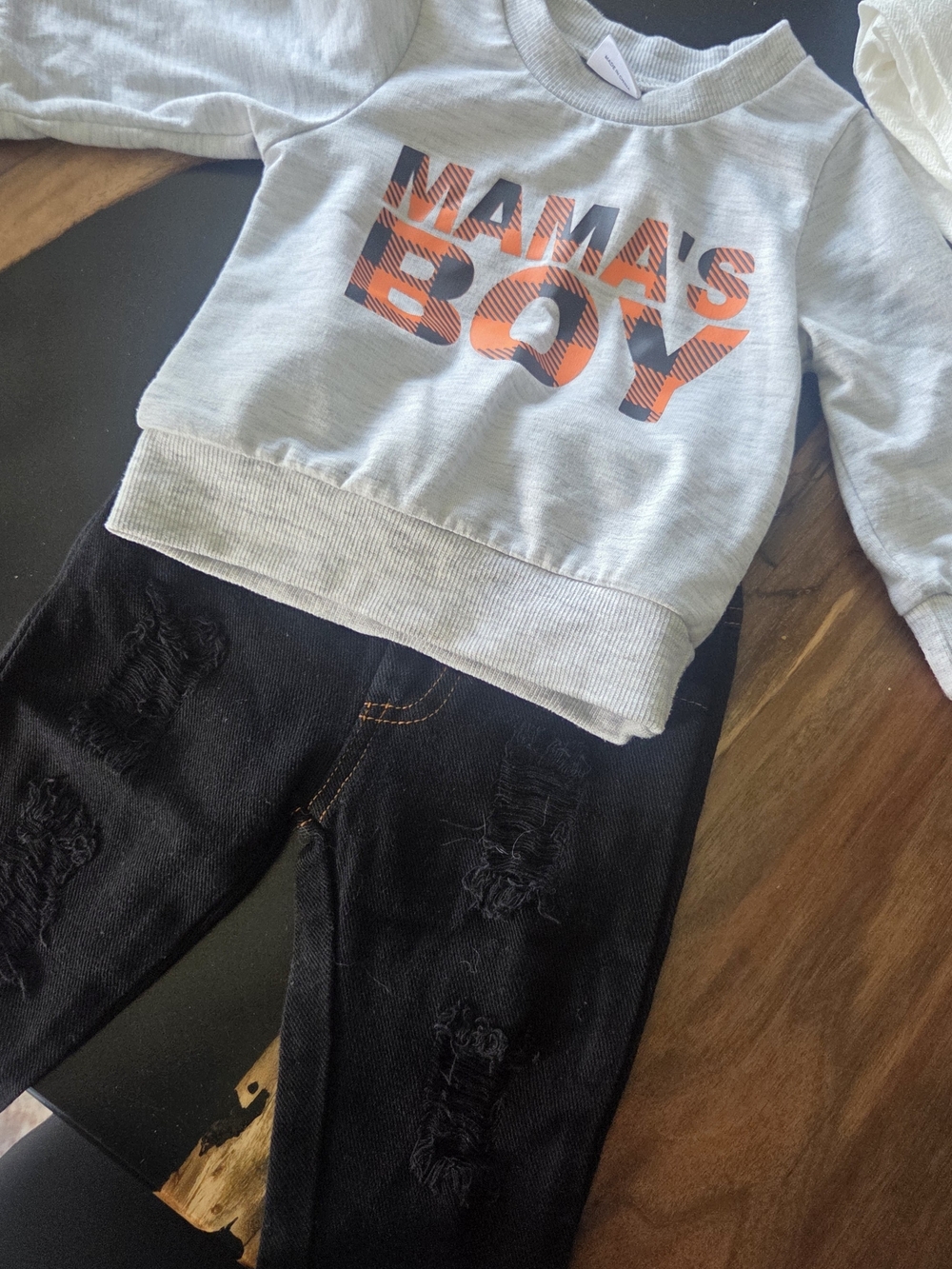PatPat Light Gray "Mama's Boy" Pullover with Black Distressed Jeans